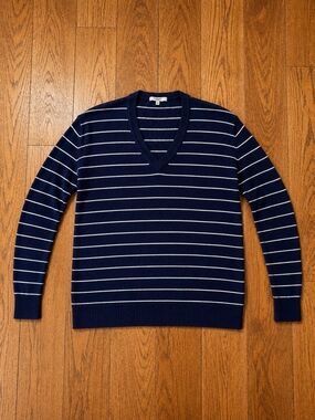 Madewell Striped V-Neck Sweater Womens XS Navy Blue Lightweight Knit Top
